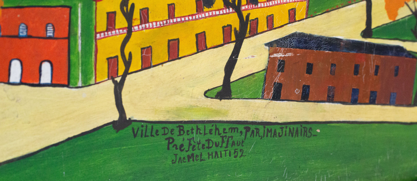 Prefete Duffaut (Haitian, 1923-2012) 28"x37.75" Ville De Bethlehem Par Imajinairs 1952 Oil on Masonite Framed Painting#1JM