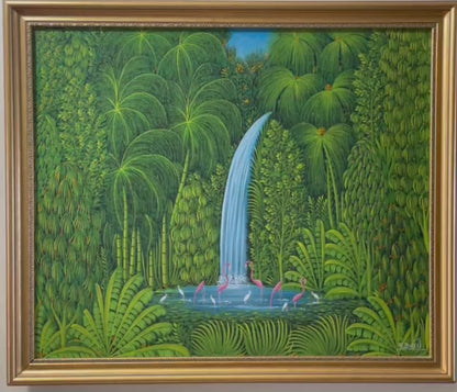 Henri-Robert Bresil 20"x24" Verdant Vegetation with Flamingos, Birds, Ibis & Cascade Oil on Canvas #2MFN