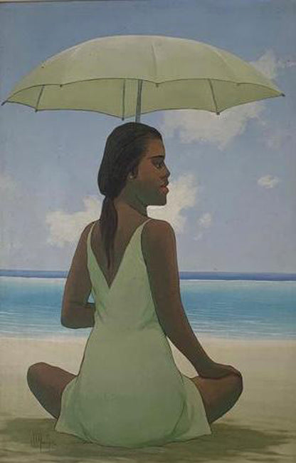 Juan Plutarco Andujar (1931-1995) 36"x24" Lady At The Beach With Umbrella Oil on Canvas Painting #16FN