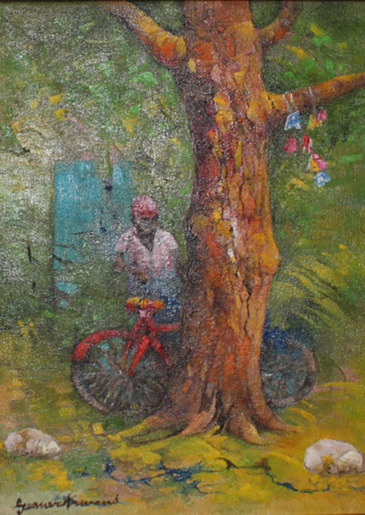 Gesner Armand (1936-2008) 14"x11" C2005 Red Bicycle  Oil on Canvas Painting #1MFN