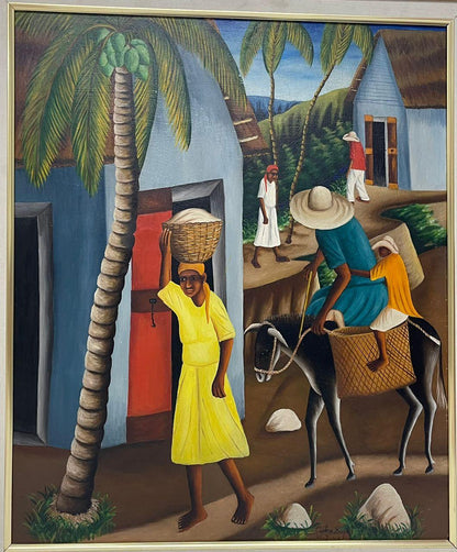 Castera Bazile (1923-1966) 24"x20" Depart Pour Le Marche 1958 Oil on Board Painting- Published in the book Peintres Haitiens #1-3-96GSN-HA