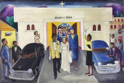 Wilson Bigaud (1931-2010) 20"x30" "Mariage à l'Eglise de Dieu" c1970 Huile sur toile #2-2-95MFN