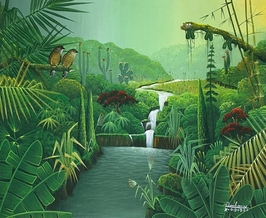 Albott Bonhomme 20"x24" Lush Tropical Forest with Birds, Cactus & Cascade 2022 Acrylic on Canvas Painting #33MFN