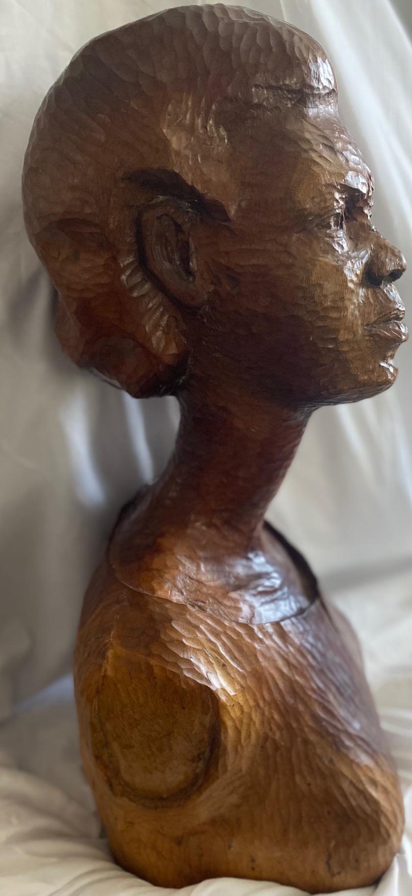 Ludovic Booz (1940-2015) 20"x10"x9" Lady Bust Hand-Carved Wood Sculpture #1SY