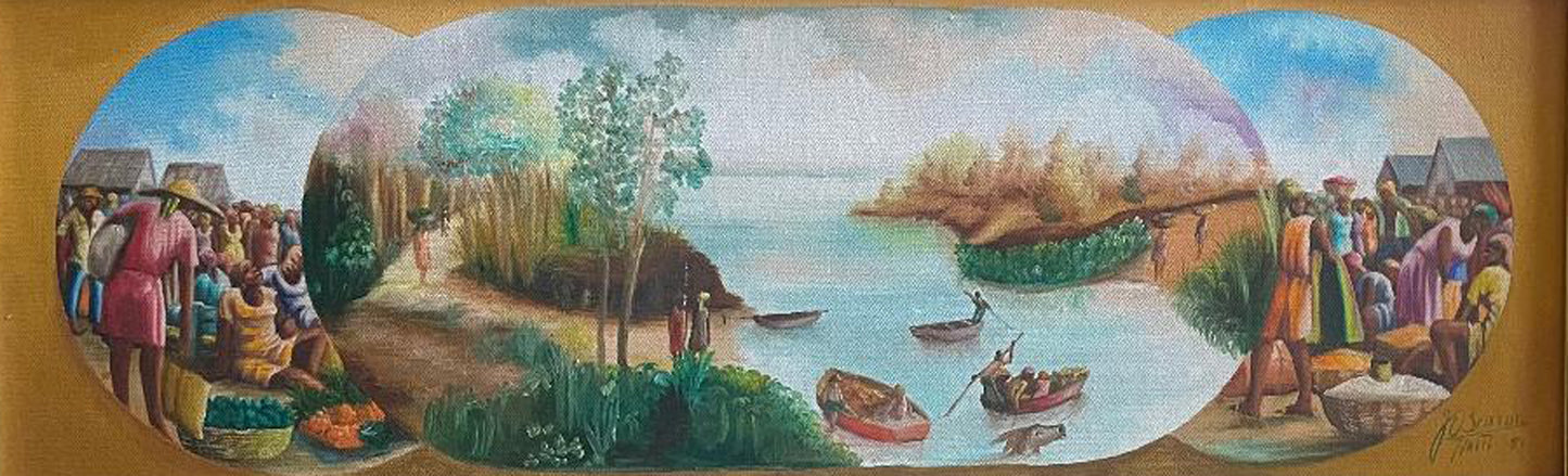 Jean-Elie Brisson 8"x24" Market & Marine Scenes 1981 Oil on Canvas #4-2-95MFN