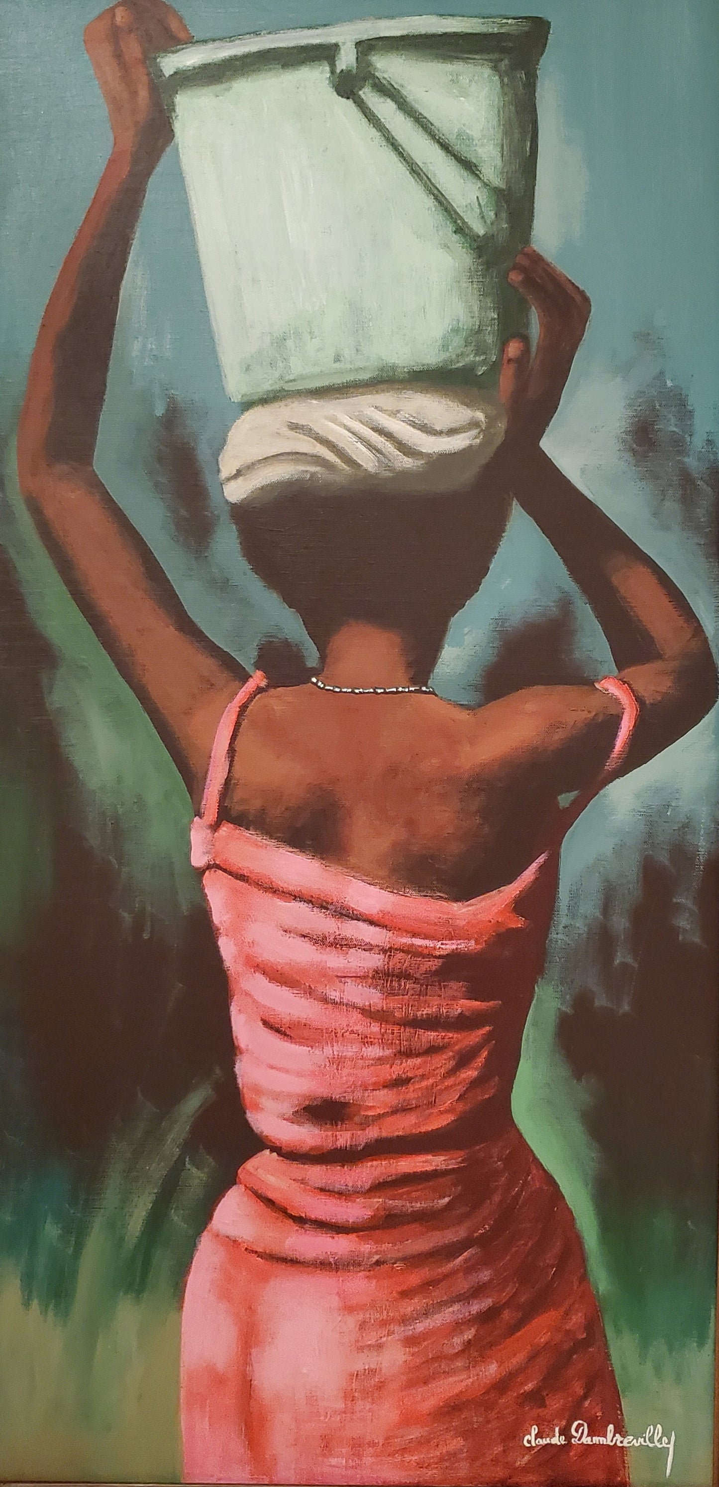 Claude Dambreville (1934-2021) 36"x18" Lady Carrying Bucket Of Water On Her Head c1990 Acrylic on Canvas #3MF