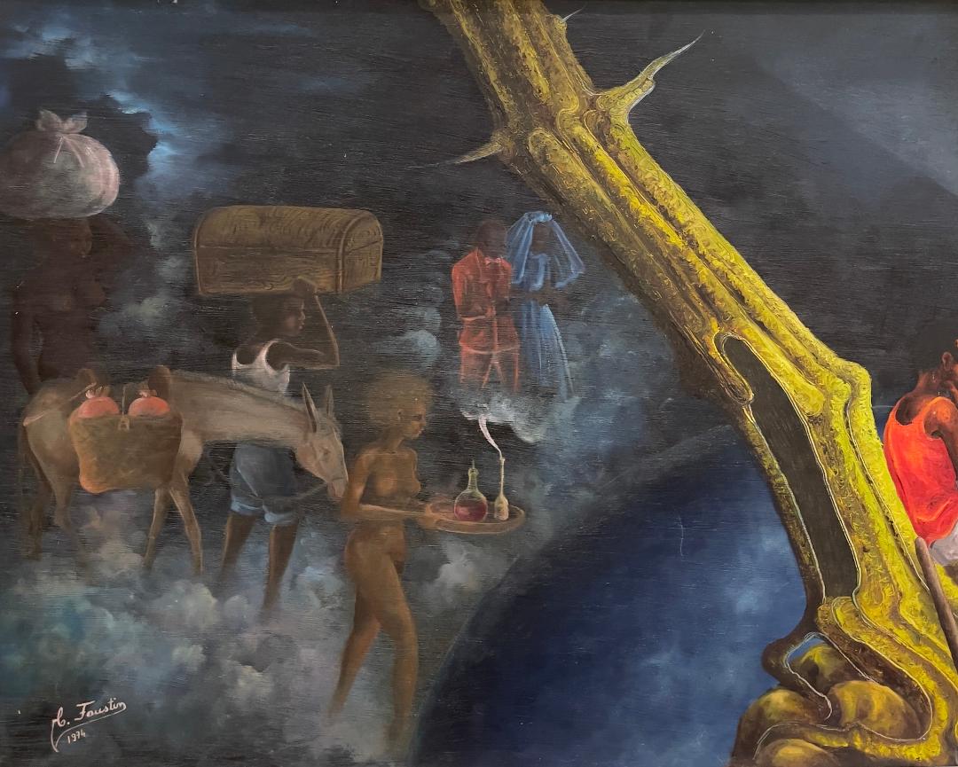 Celestin Faustin (Haitian, 1948-1981) 24"x48" Haunted by Erzulie 1974 Oil on Board Painting #1MFN