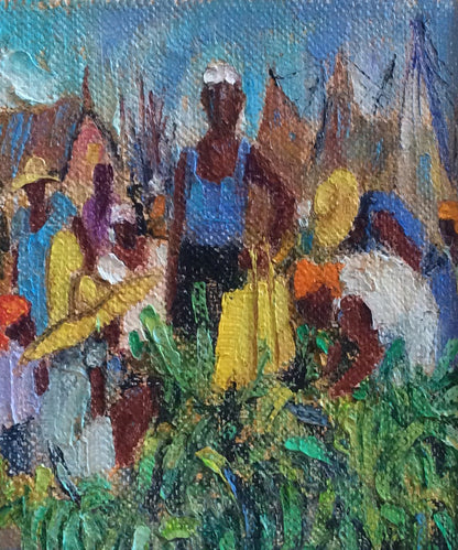 Eric Girault  7.5"x7.5" 2006  "The Banana Sellers" Oil on Board #10EG