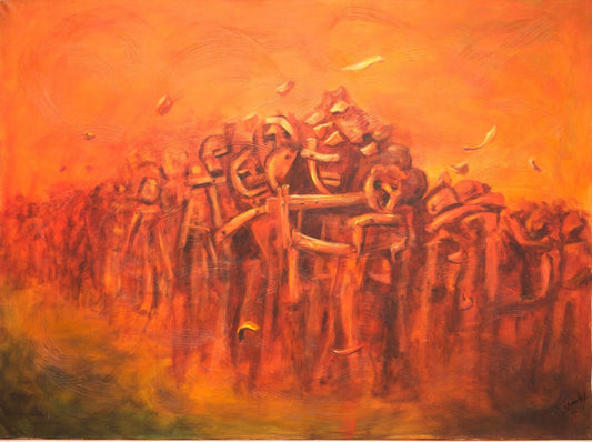 Etzer Charles (Haïtien, 1945-2021) 38"x50" Haïti montant un calvaire 1987 Acrylique sur toile Peinture #3DC