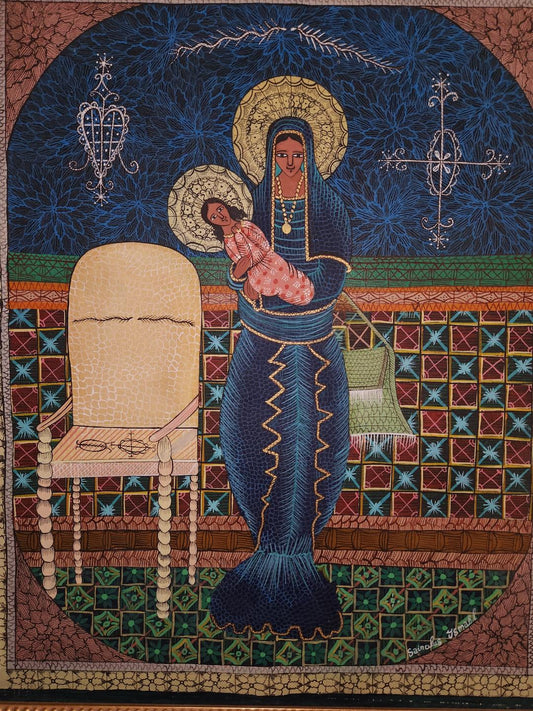 Ismael Saincilus (1940-2000) 23,50"x19,50" Erzulie, Enfant près d'une chaise C1980 Huile sur toile #1IH