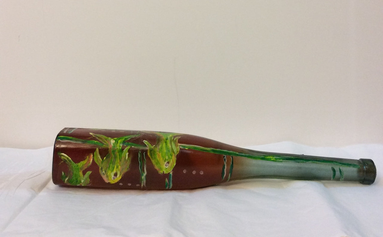 Hand-Painted Bottle by Haitian Artist Rose-Marie Lebrun 16.5"x2"x2.5" Six Green Fishes #1MFN