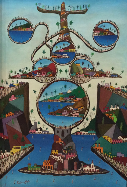 Prefete Duffaut (Haitian, 1923-2012) "Imaginary City" Oil on Canvas Framed Painting 36"h X 24"w #94-3-96GSN-NY