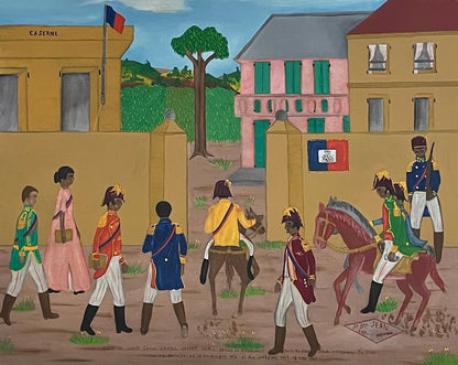 Jean-Baptiste Jean (Haitian, 1953-2002) 24"x30" Reunion To Plan The Battle Of Vertieres 1973 Oil on Masonite Unframed #14MFN