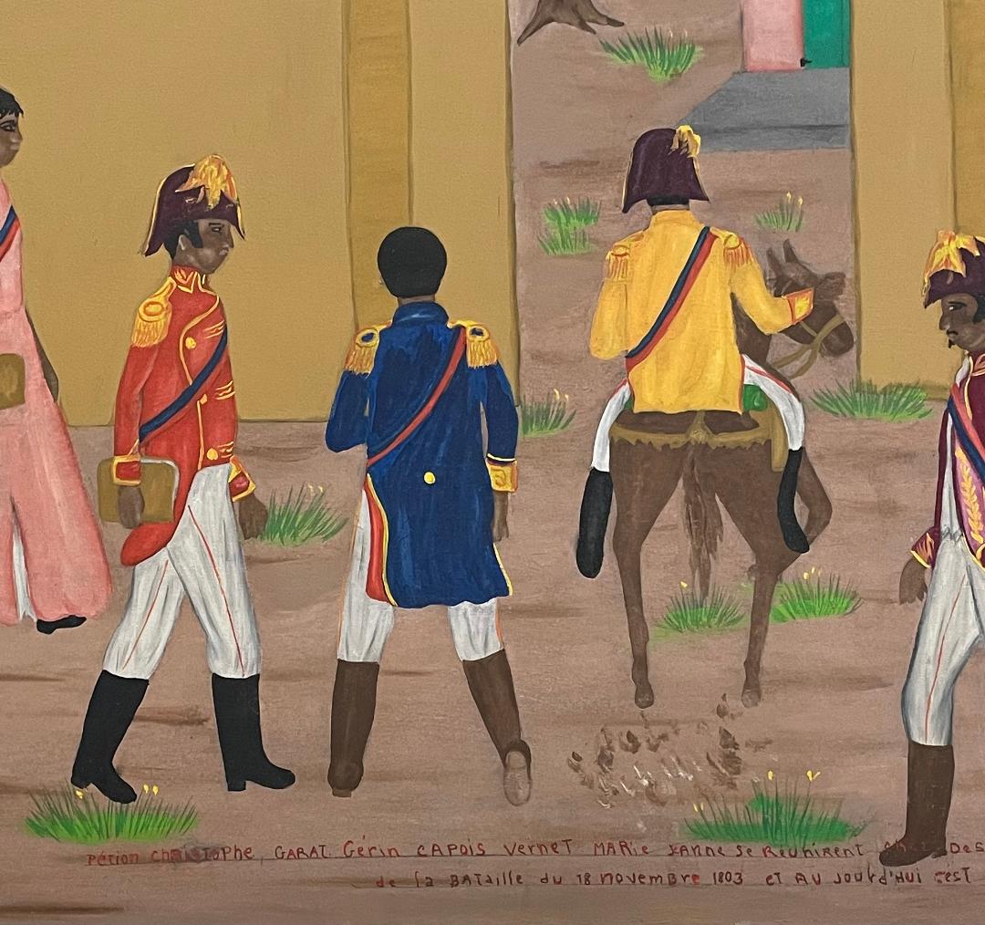 Jean-Baptiste Jean (Haitian, 1953-2002) 24"x30" Reunion To Plan The Battle Of Vertieres 1973 Oil on Masonite Unframed #14MFN