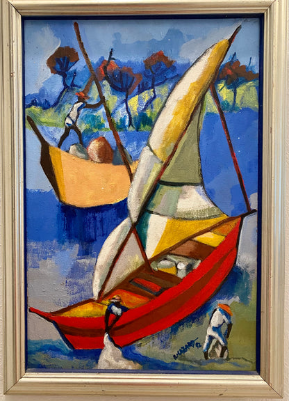 Luckner Lazard (Haitian, 1928-1998) 24"x16" Fishermen/Shoreline 1992 Oil on Canvas Painting-Framed 19 ¼" x 27" #2TC