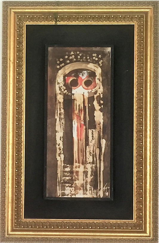 Jean-Claude Garoute-TIGA (1935-2006) 14.75"x6.25" Big Eyes 1998 Mixed Media on Board Frame 24.5"x16" #1NT