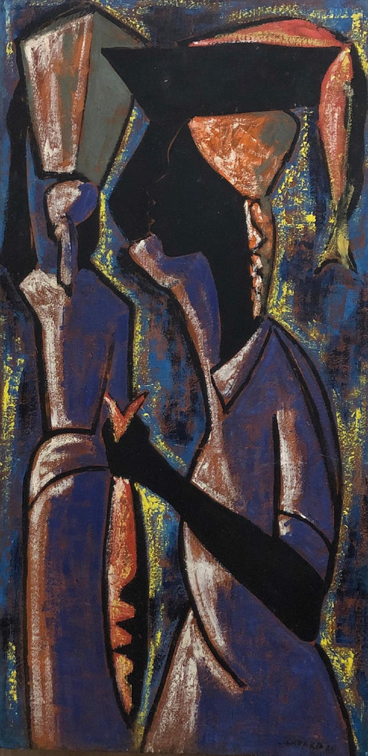 Luckner Lazard (Haïtien, 1928-1998) « Fish Sellers » 1958 Acrylique encadré sur planche peinture 23"hx 16"w #1GSN-NY