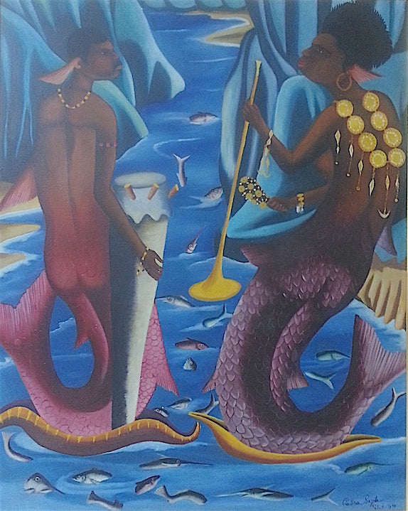 Castera Bazile (1923-1966) 30"x24" Two Sirens 1964 Oil on Masonite #7-3-96GSN-HA