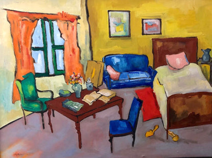 Georges Desarmes (Haitian, b. 1950) "Interior Scene" Framed Oil on Canvas Painting 24"h X 32"w #1GSN-NY