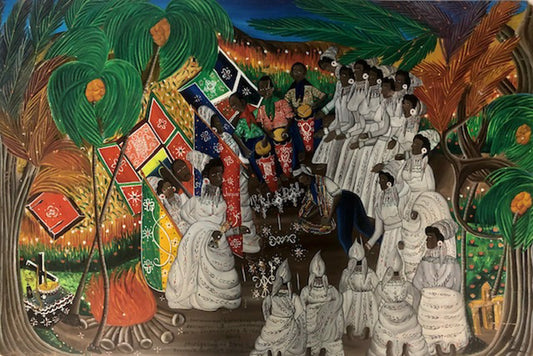 Andre Pierre (Haitian, 1914-2005) Vodou Ceremony Unframed Oil on Board Painting 24"h x 36"w #6-2-95GSN-NY