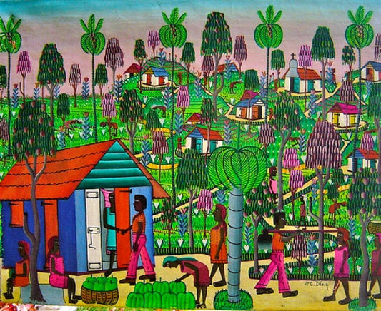 Jean L. Desir 16"x20" Village Scene c1980 Óleo sobre lienzo #3-2-95MFN