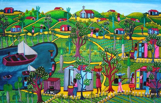 Jean L. Desir 24"x36" Village Scene C1980 Óleo sobre lienzo #1-2-95MFN