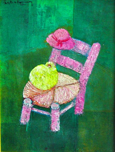 Calixte Henry (1933-2010) Chaise 16"x12" / Pigeon Acrylique sur toile #1MFN- Encadré