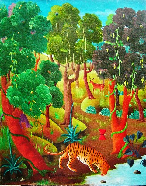 Philton Latortue 20"x16" Scène de jungle 1977 Huile sur toile#1-2-95MFN