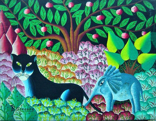 Carlo Desrosier 12"x16" Jungle Scene c1980 Óleo sobre lienzo #1-2-95MFN