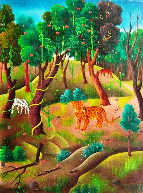 Marie Claude Latortue 16x12 Scène de jungle Huile sur toile #3-2-95MFN