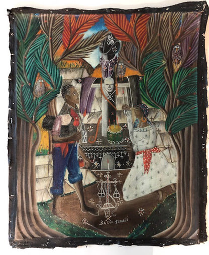 Andre Pierre (Haitian, 1914-2005) "Baron Samedi in the Cemetery" Unframed Unsigned Oil on Canvas Painting 20"h x 16"w #27-3-96GSN-NY